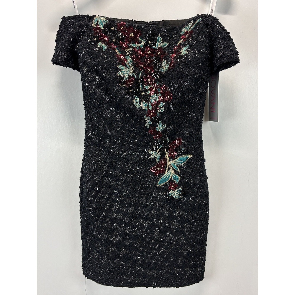 NEW! Jovani 3968 Beaded Floral Off Shoulder Cocktail Dress Sz 4 Black Bodycon